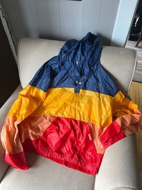 Colorblock Hooded Ski Jacket in Navy, Yellow, Orange, Red